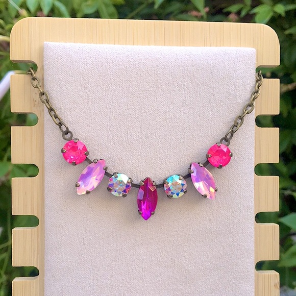 Hot Pink + Pink-Purple Opal Aurora Borealis Antique Brass Crystal Necklace - Picture 5 of 8